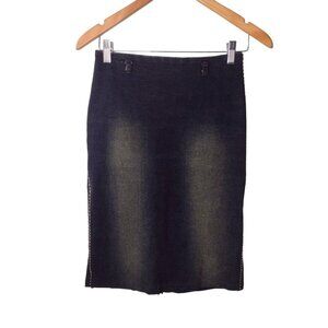 Big Time Faded Whipstitch Denim Skirt Size M Side Slits Blue Stretch Retro Boho